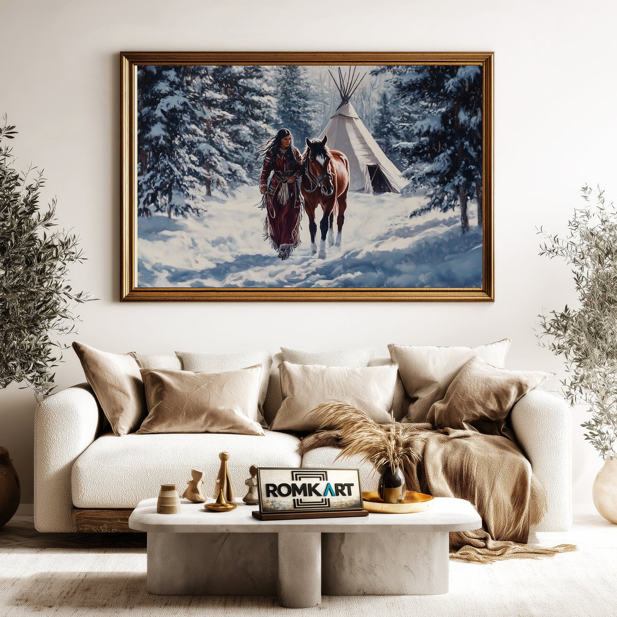 American Indian Woman Leading Horse Native American Oil Painting - image 5