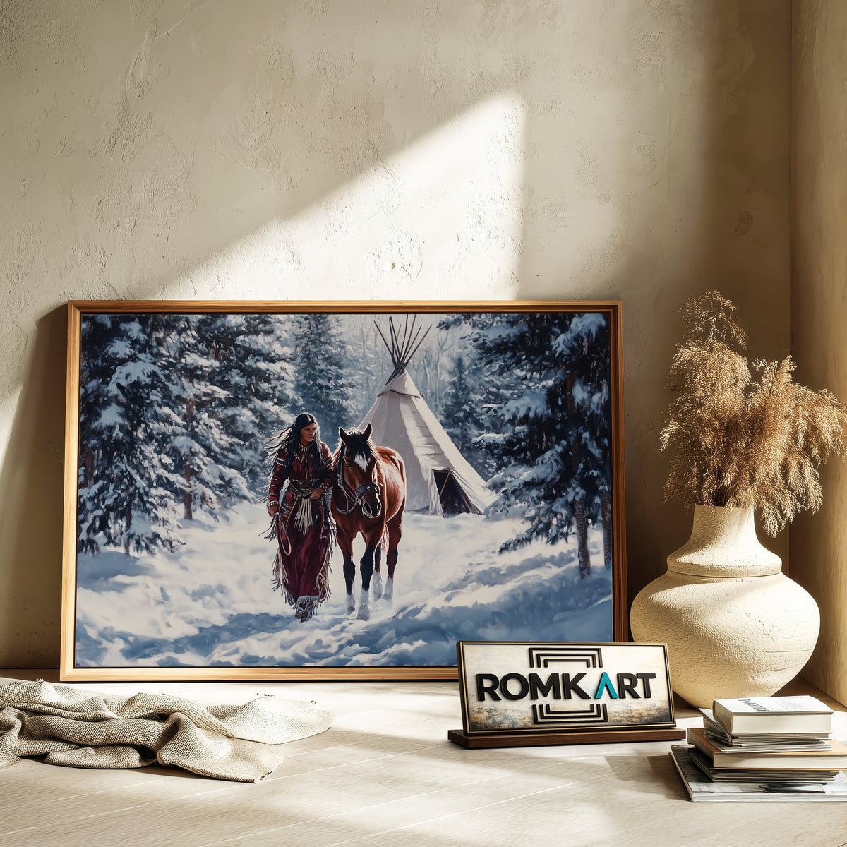American Indian Woman Leading Horse Native American Oil Painting - image 6