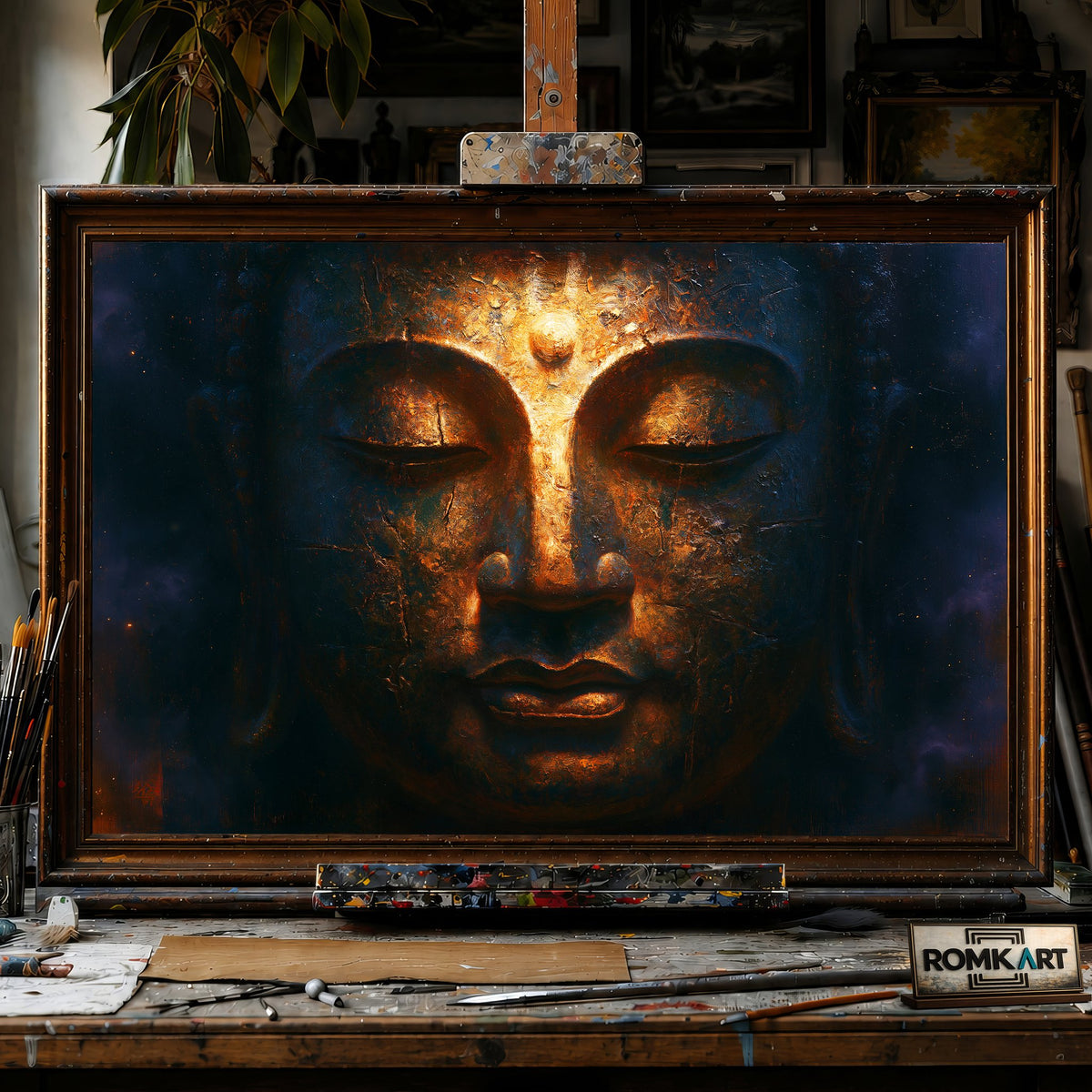 ancient Buddha face - Hand-Painted Oil Painting - View 1