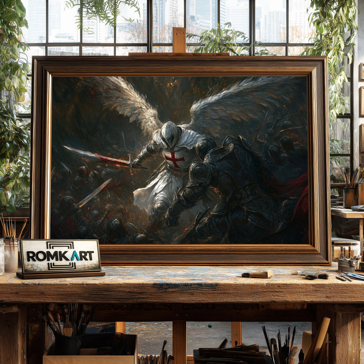 Angel and Army of Demons Battle Scene Religious Oil Painting - image 2