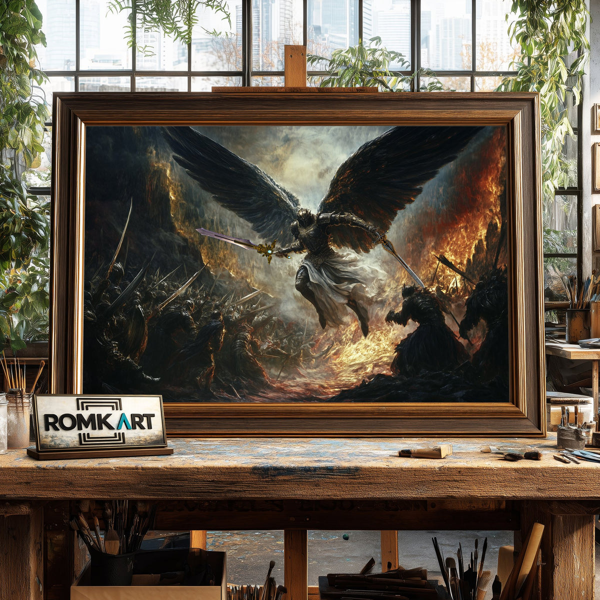Angel Battling Army of Demons Religious Oil Painting - image 2
