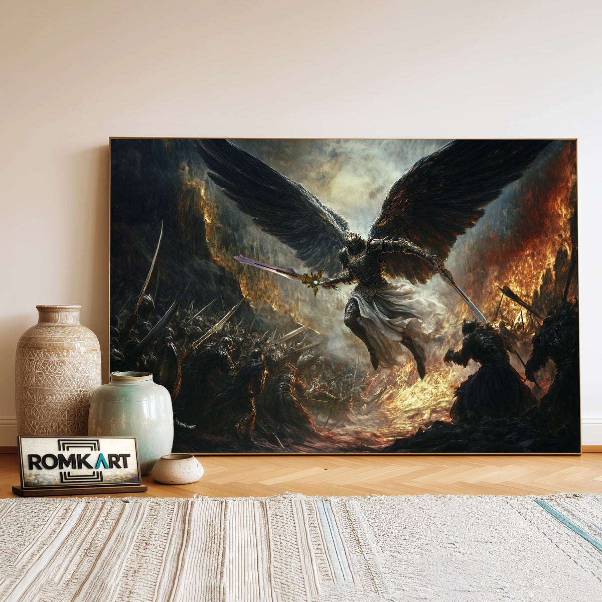 Angel Battling Army of Demons Religious Oil Painting - image 3
