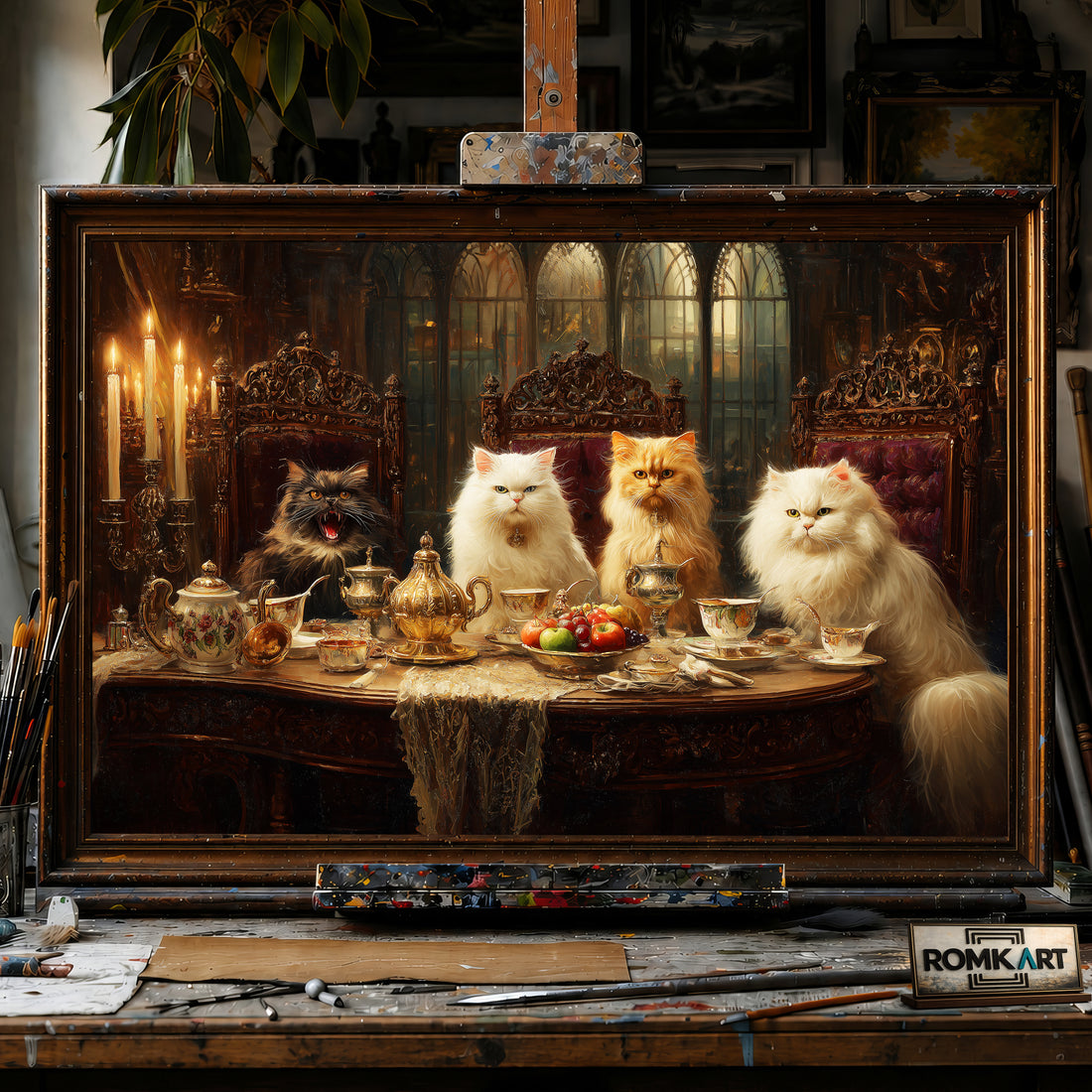 Aristocratic Cats Victorian Tea Party hand-painted oil painting on canvas