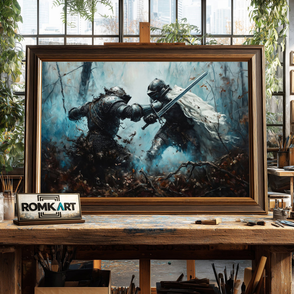 Armored Medieval Knights Battle Historical Oil Painting - image 2