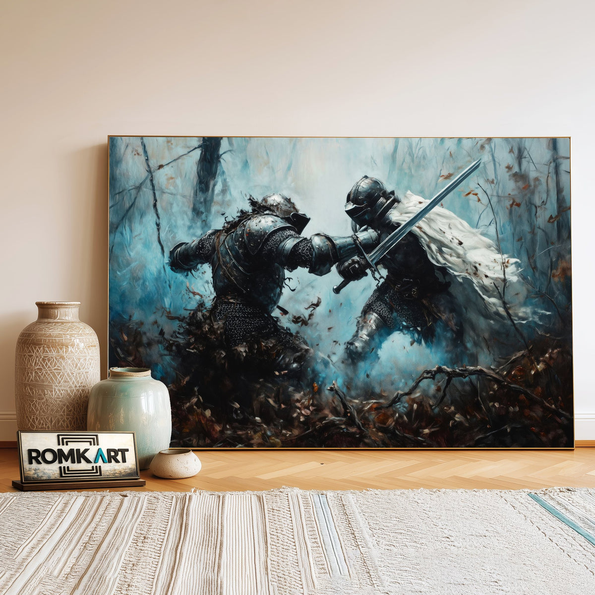 Armored Medieval Knights Battle Historical Oil Painting - image 3