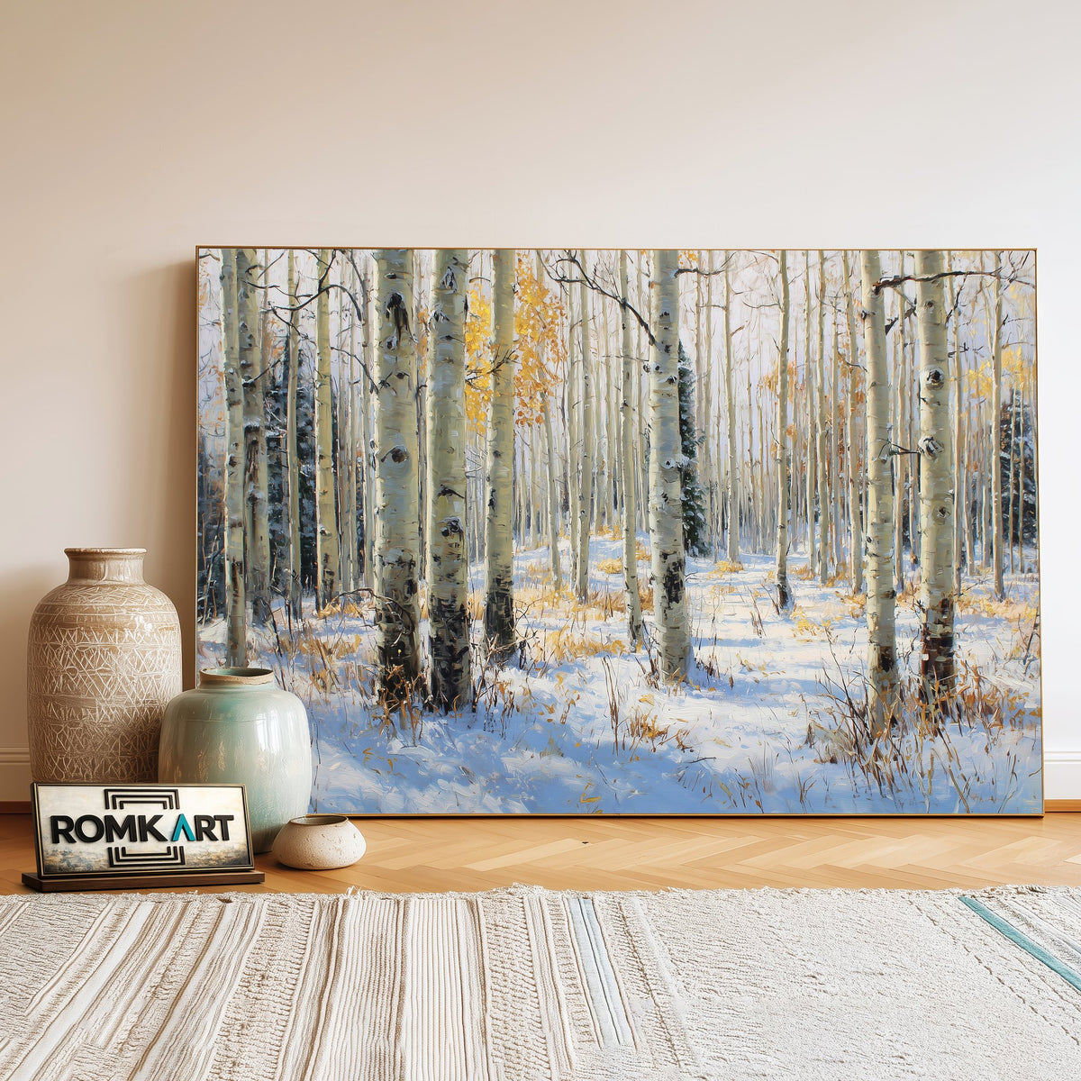 Aspen grove Winter Forest Landscape Oil Painting - image 3