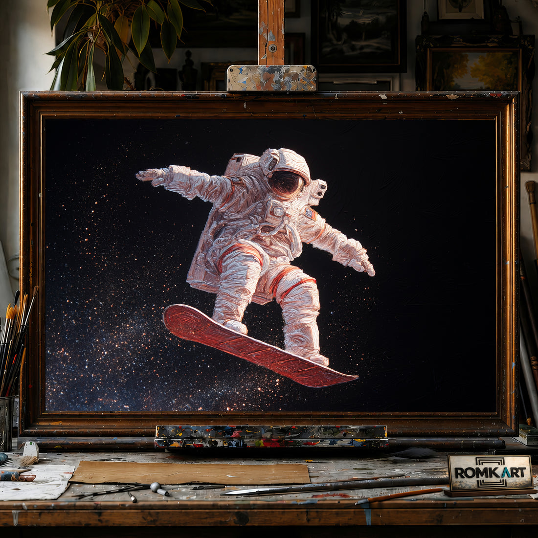 Astronaut on Snowboard Space Oil Painting