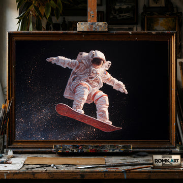 Astronaut on Snowboard Space Oil Painting