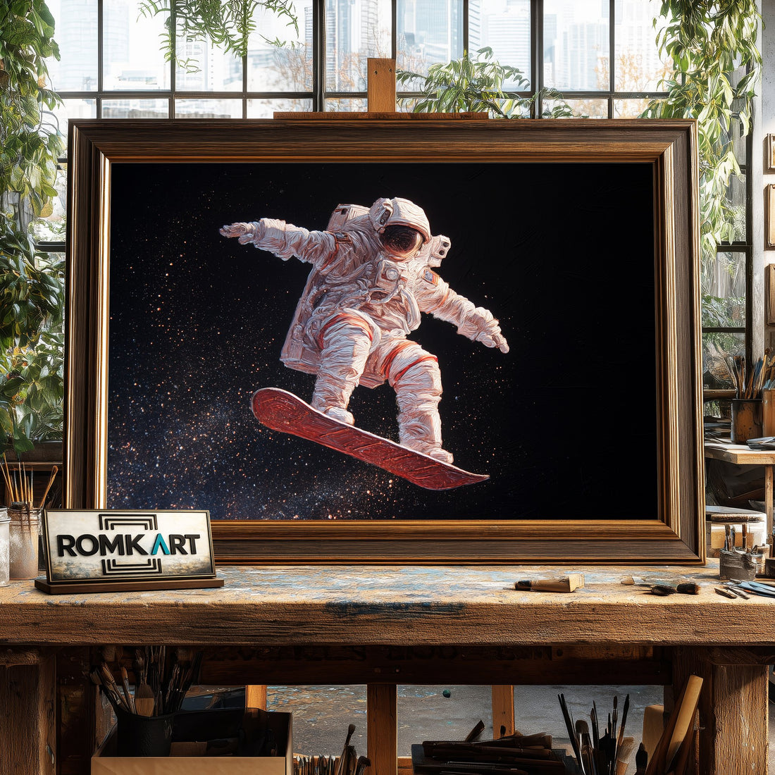 Astronaut on Snowboard Space Oil Painting