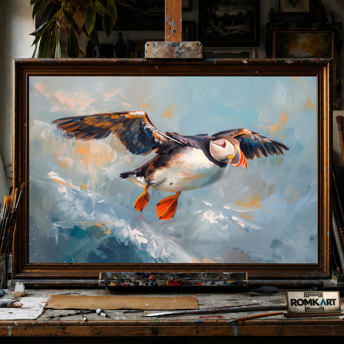 Atlantic Puffin hand-painted oil painting on canvas