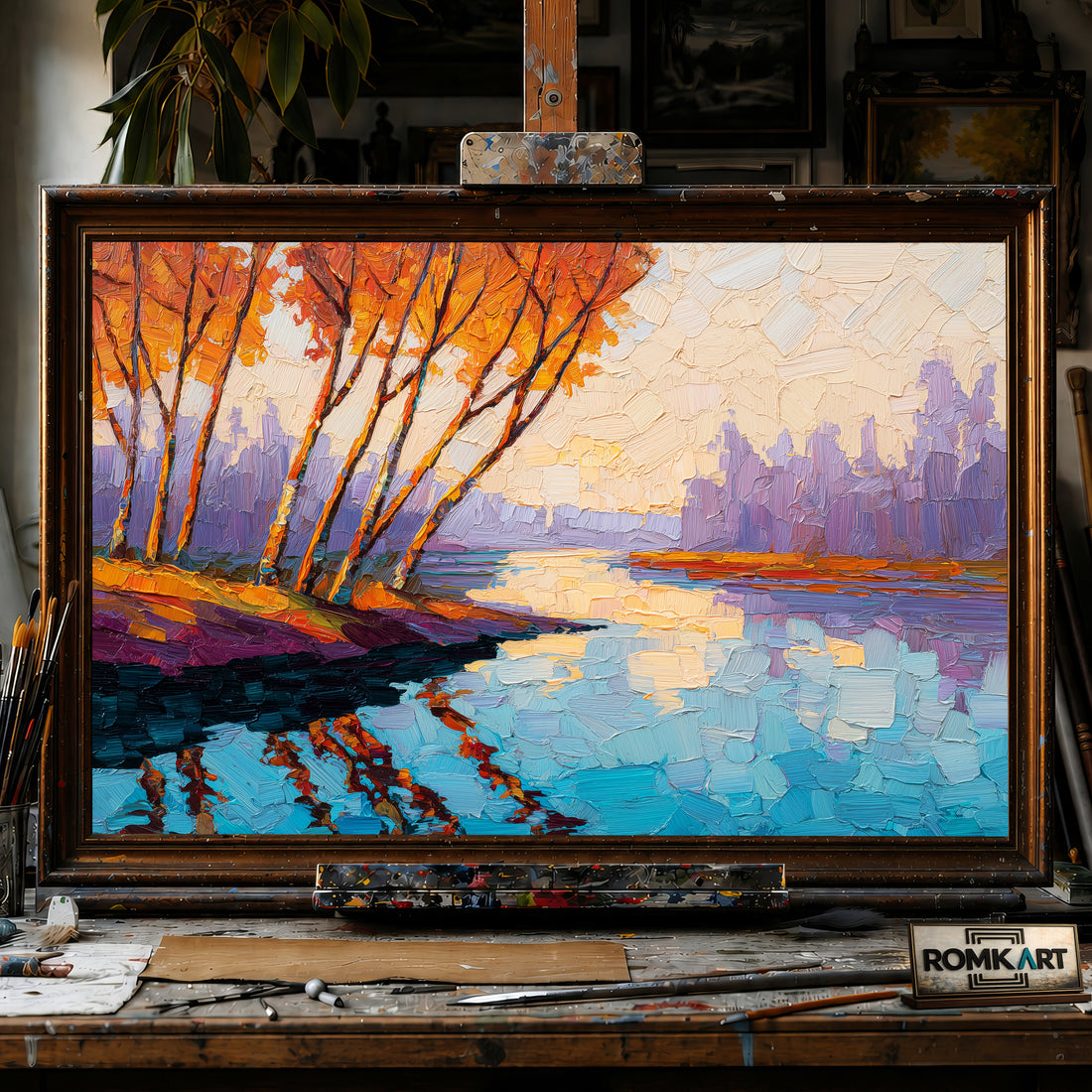 Autumn Riverside Landscape hand-painted oil painting on canvas