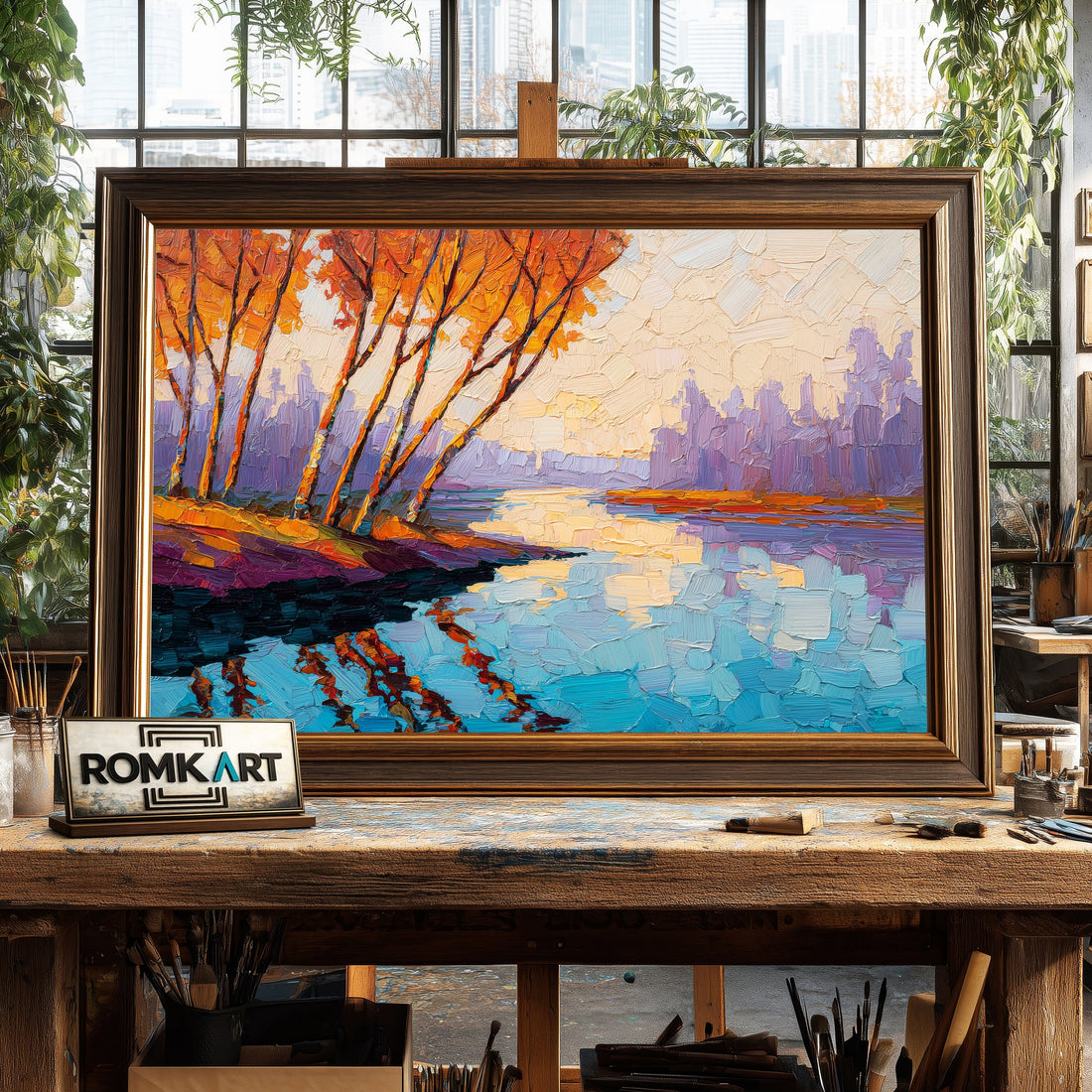 Autumn Riverside Landscape hand-painted oil painting on canvas