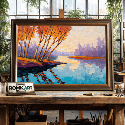 Autumn Riverside Landscape Waterscape Oil Painting - image 2