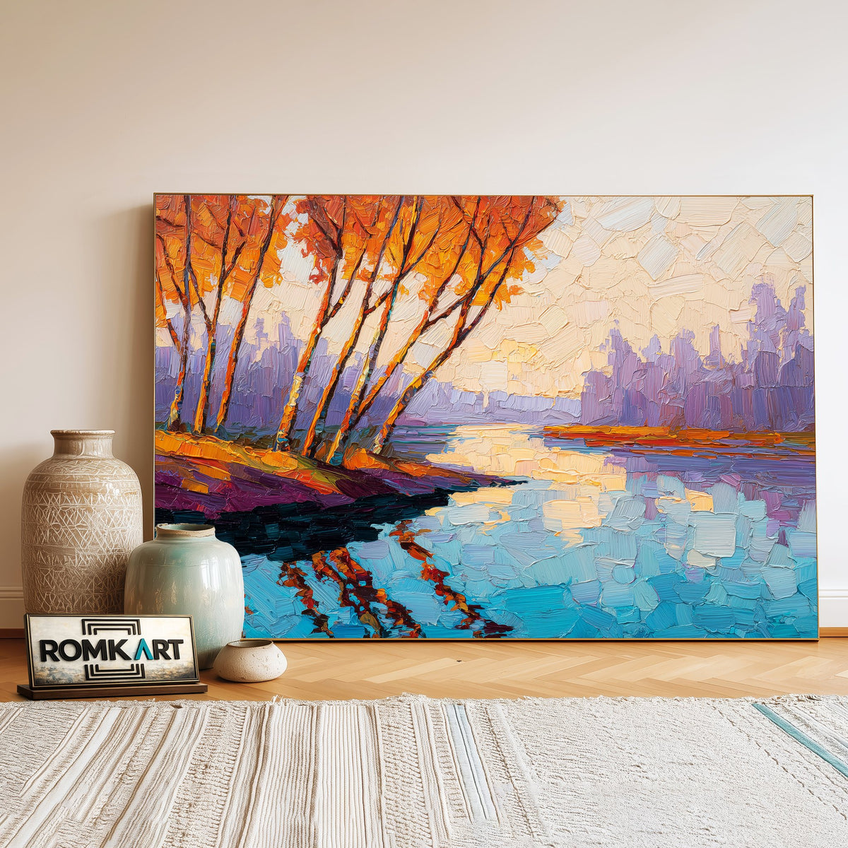 Autumn Riverside Landscape Waterscape Oil Painting - image 3