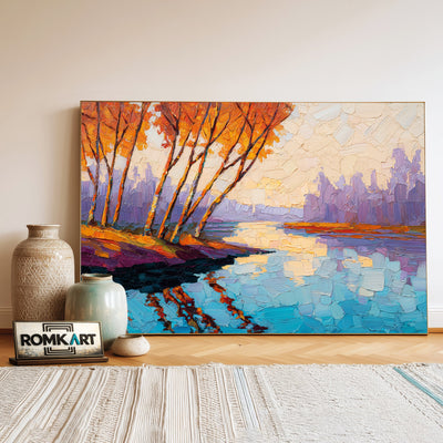 Autumn Riverside Landscape Waterscape Oil Painting - image 3