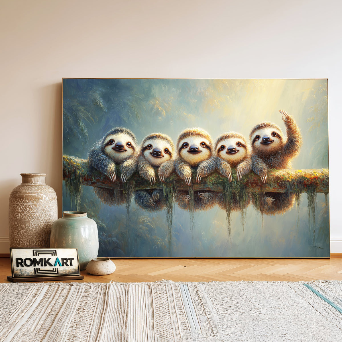Baby Sloths Hanging Wildlife Oil Painting - image 3