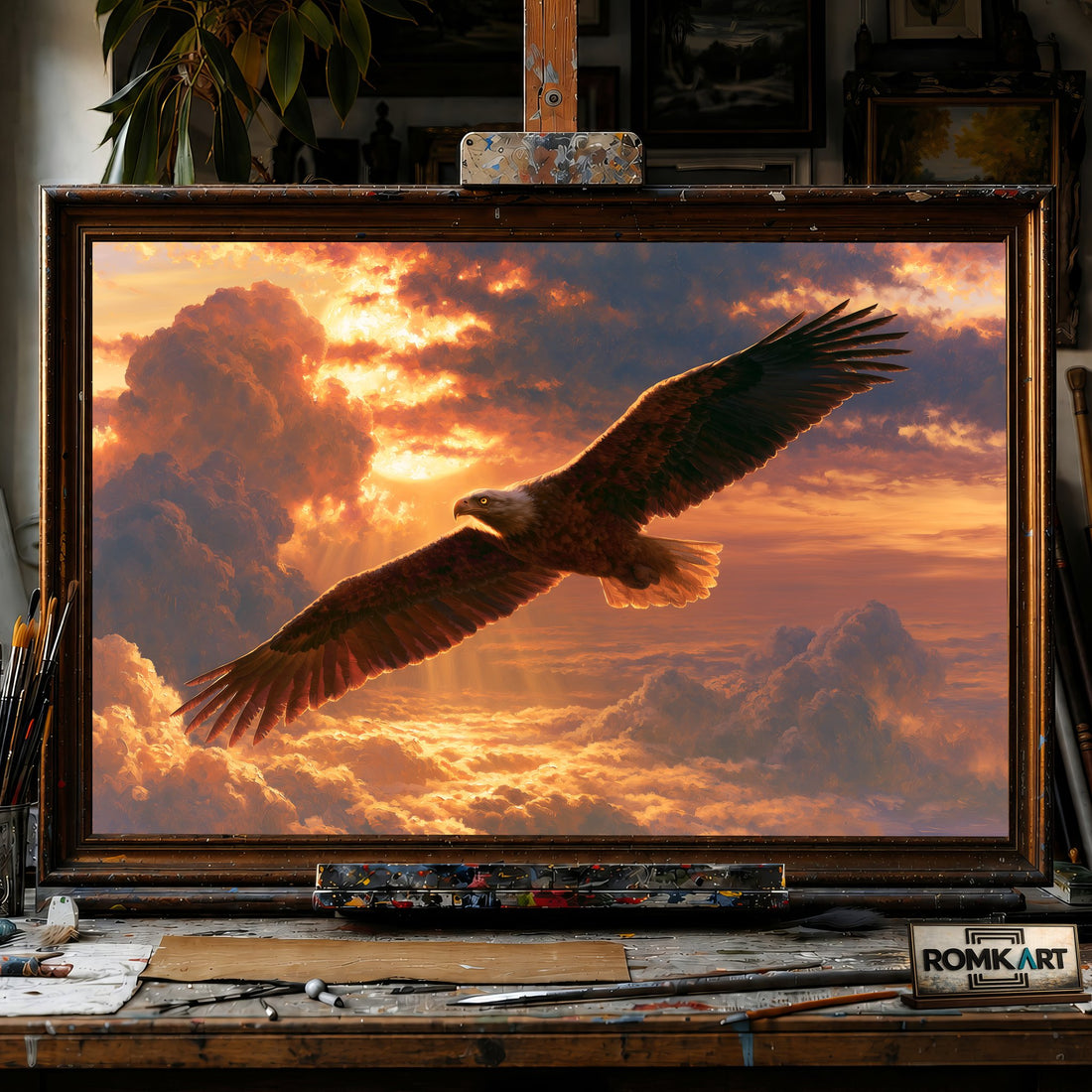 Bald Eagle in Mid Flight - Hand-Painted Oil Painting - View 1
