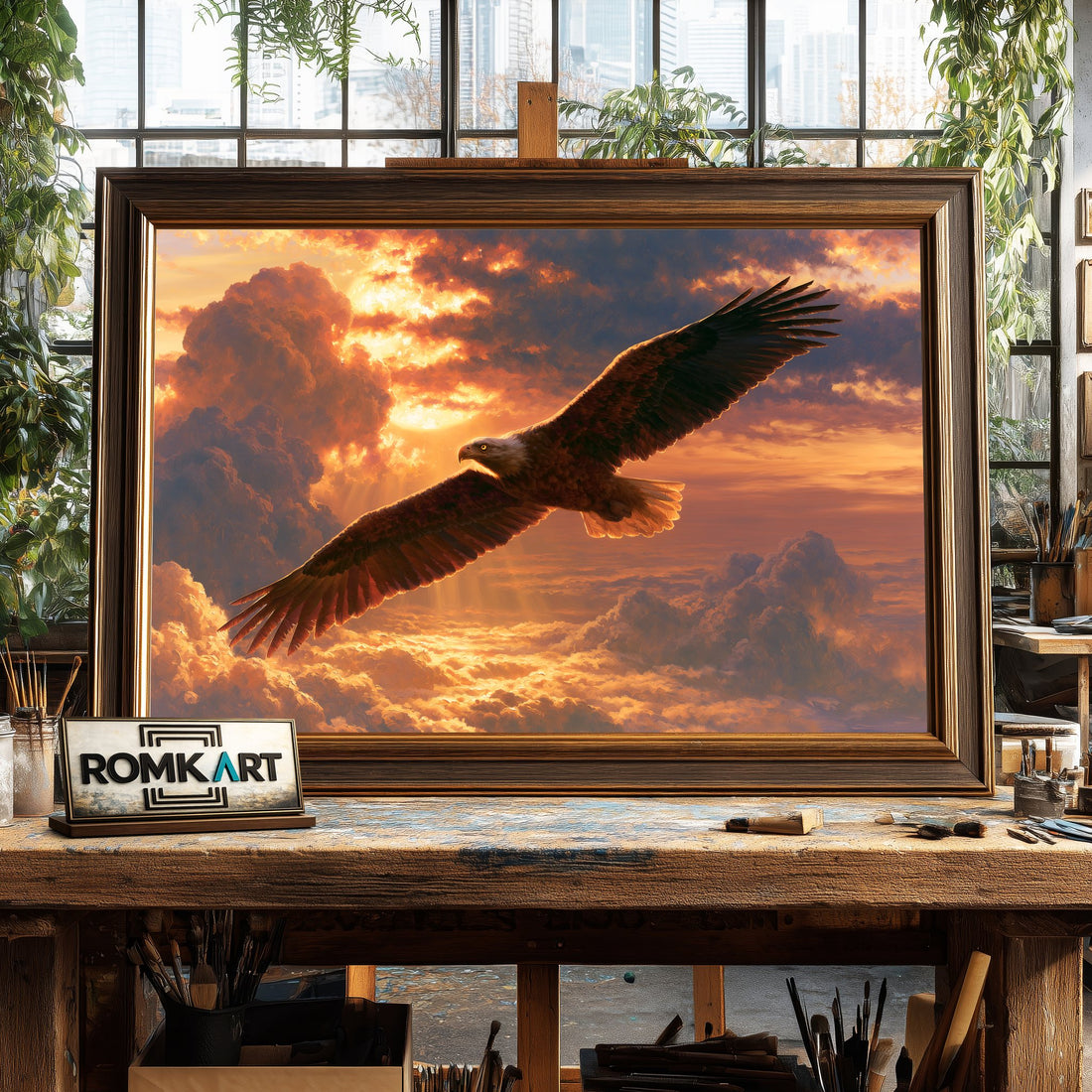 Bald Eagle in Mid Flight - Hand-Painted Oil Painting - View 1