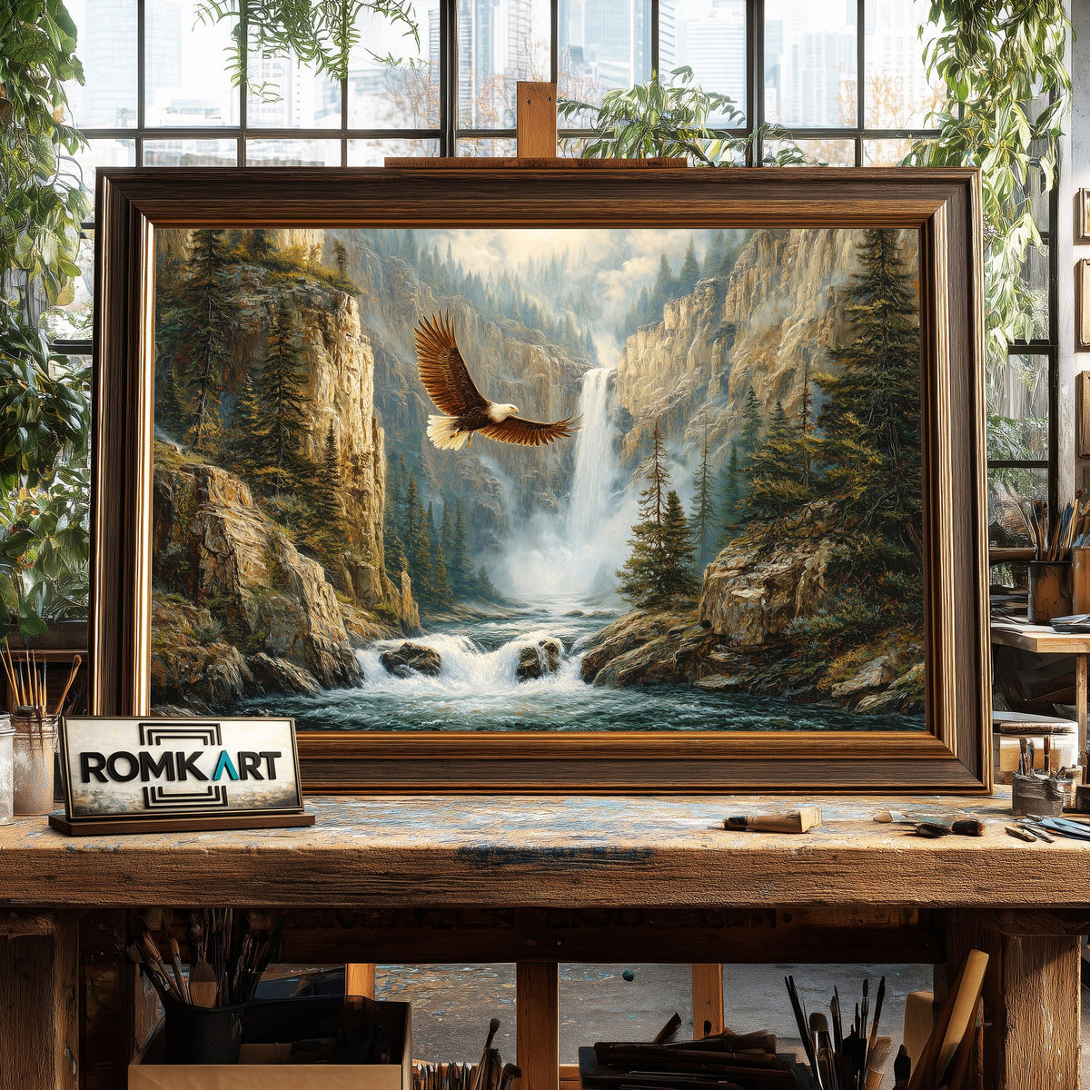 Bald Eagle Soaring Canyon Landscape Bird Oil Painting - image 2