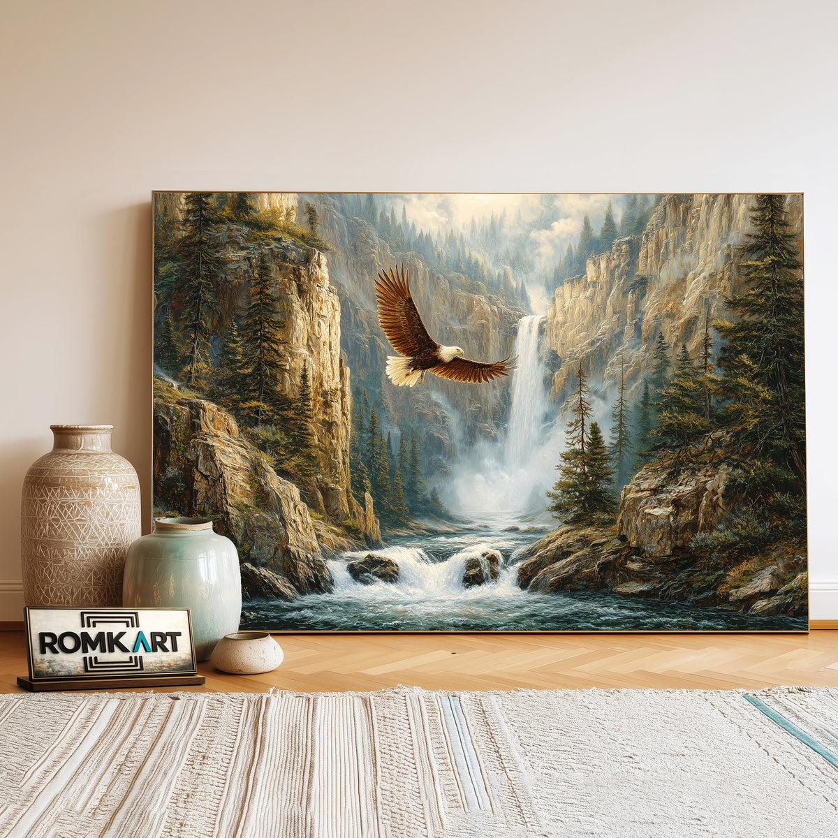 Bald Eagle Soaring Canyon Landscape Bird Oil Painting - image 3