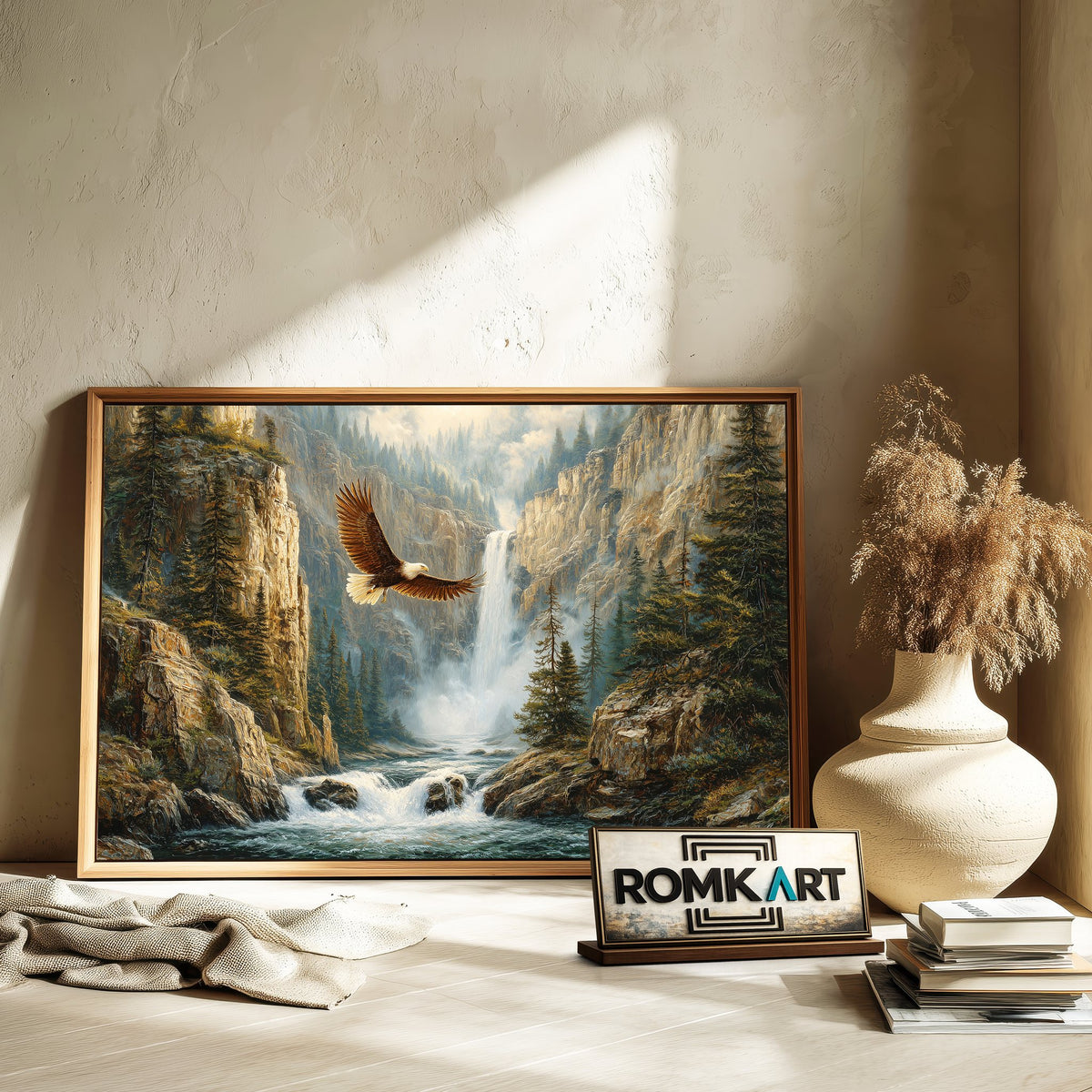 Bald Eagle Soaring Canyon Landscape Bird Oil Painting - image 6
