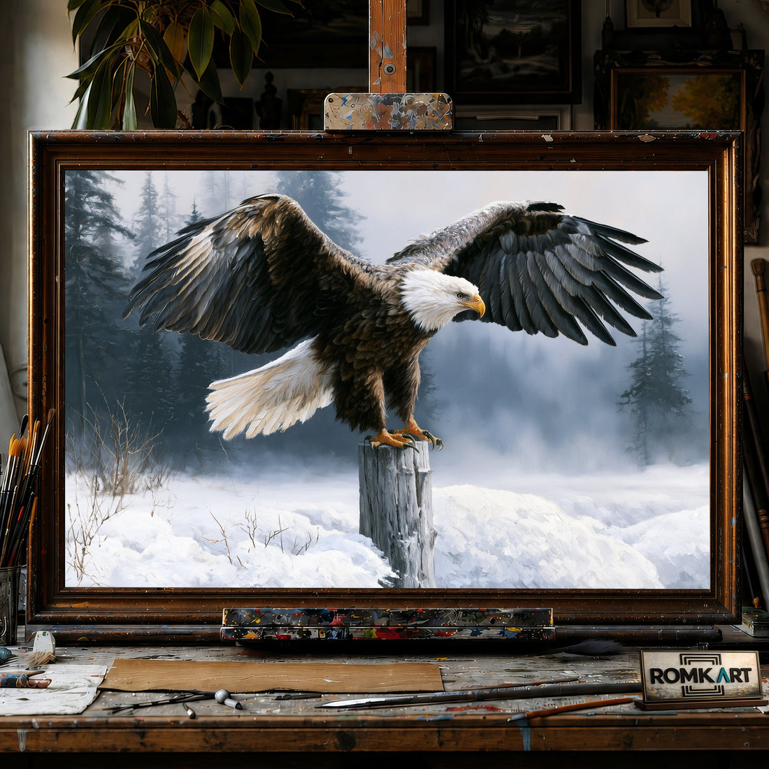 Bald Eagle Winter Wilderness - Hand-Painted Oil Painting - View 1
