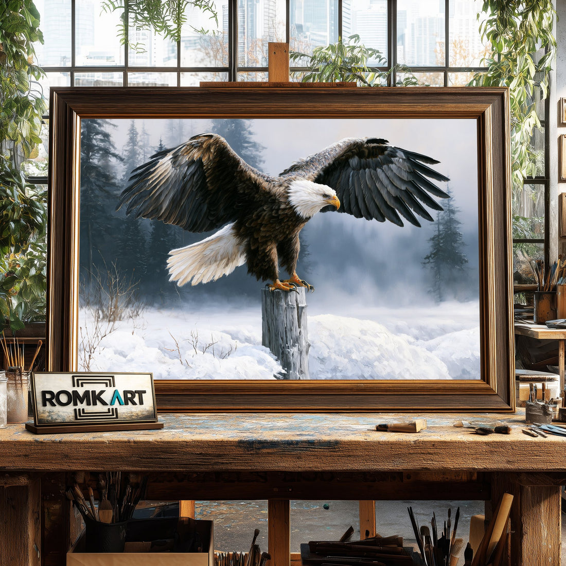 Bald Eagle Winter Wilderness - Hand-Painted Oil Painting - View 1