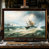 Barque Distress off a Rocky Coast - Hand-Painted Oil Painting - View 1