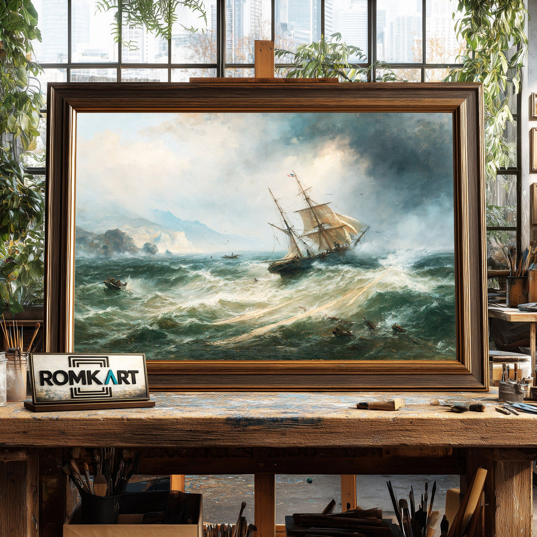Barque Distress off a Rocky Coast - Hand-Painted Oil Painting - View 1