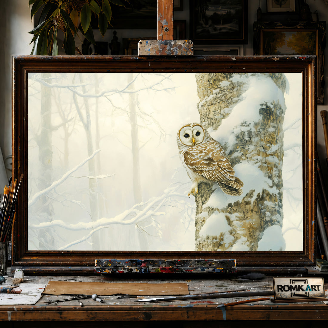 Barred Owl in Quiet Snow Forest hand-painted oil painting on canvas