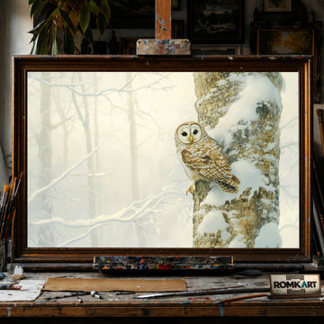 Barred Owl in Quiet Snow Forest hand-painted oil painting on canvas