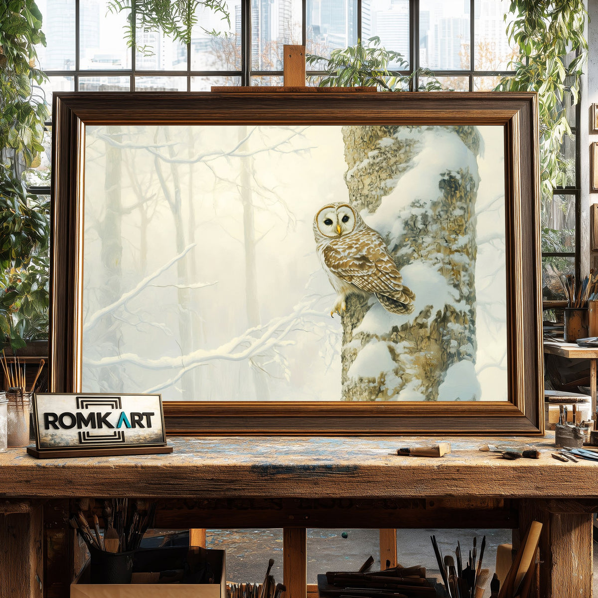 Barred Owl in Quiet Snow Forest Bird Oil Painting - image 2