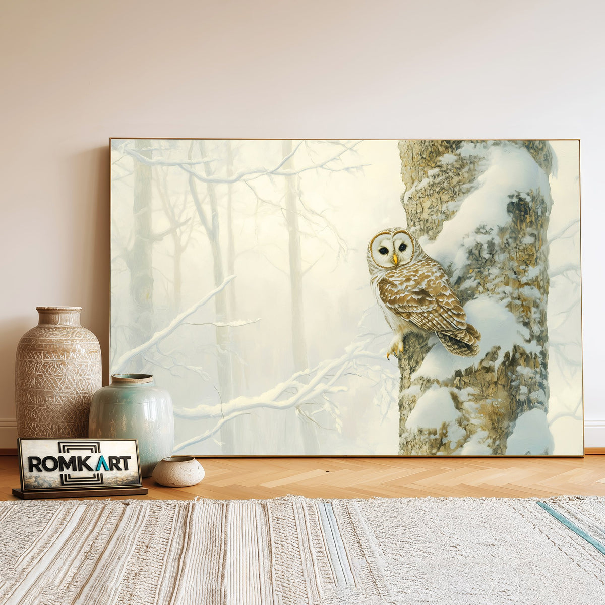 Barred Owl in Quiet Snow Forest Bird Oil Painting - image 3