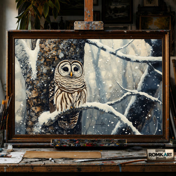 Barred Owl in Snow Forest hand-painted oil painting on canvas