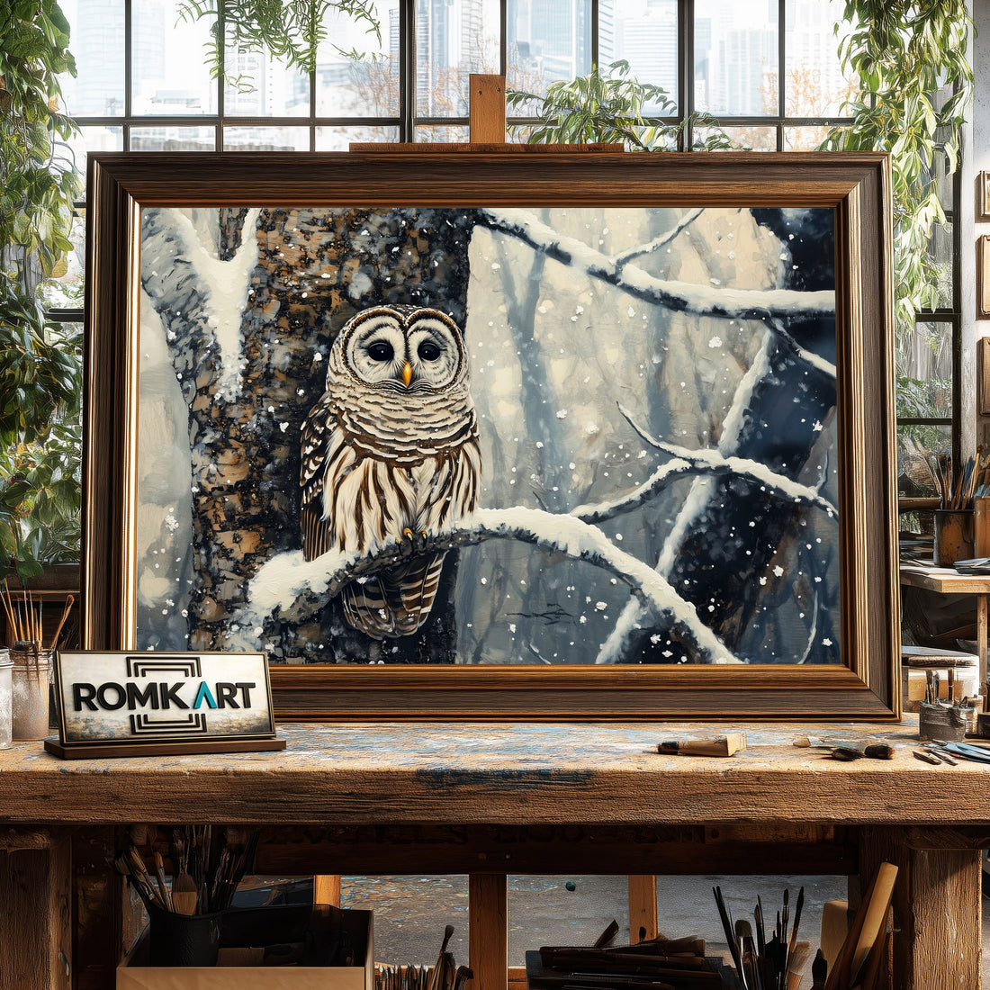 Barred Owl in Snow Forest hand-painted oil painting on canvas