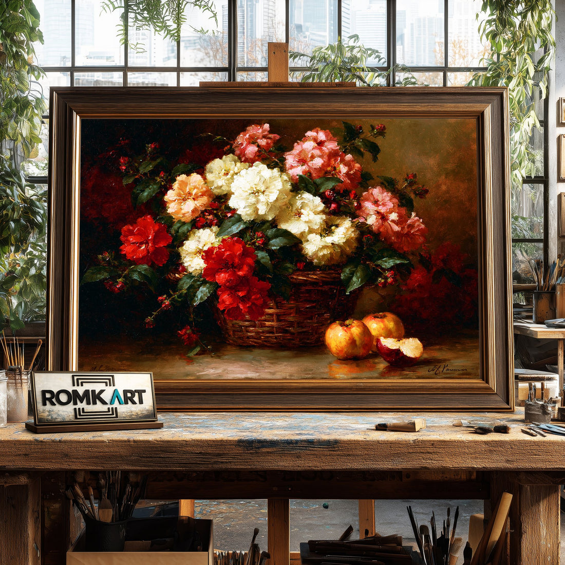 Basket Floral Still Life - Hand-Painted Oil Painting - View 1