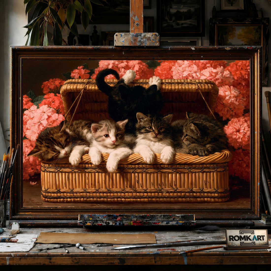 Basket of Cats - Hand-Painted Oil Painting - View 1