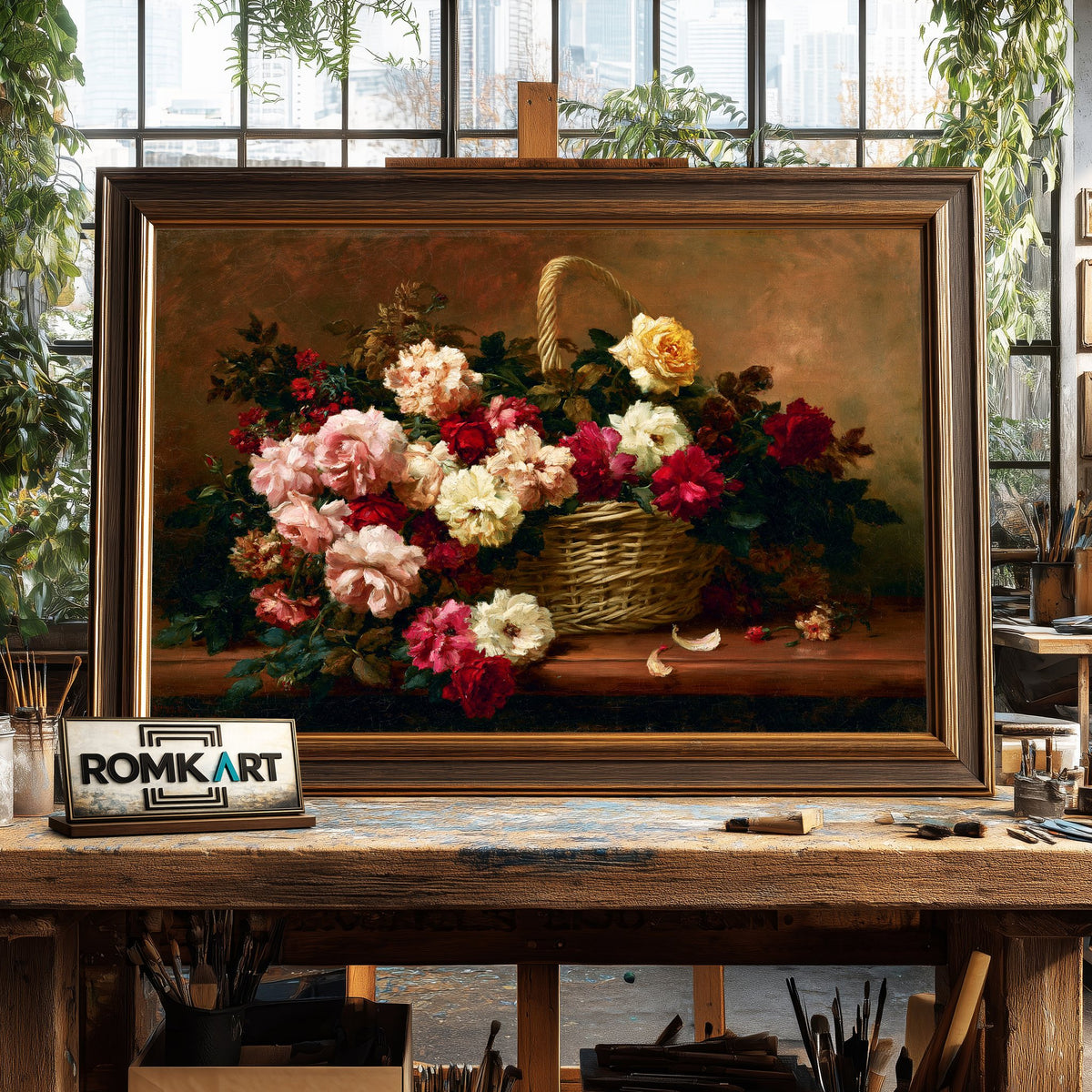 Basket Of Roses On A Ledge Oil Painting - image 2