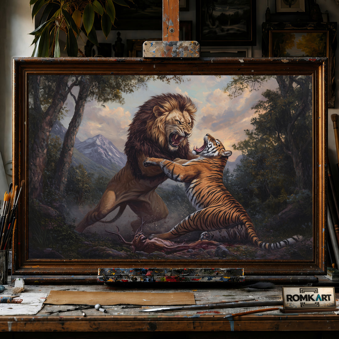 Battle of Lion and Tiger hand-painted oil painting on canvas