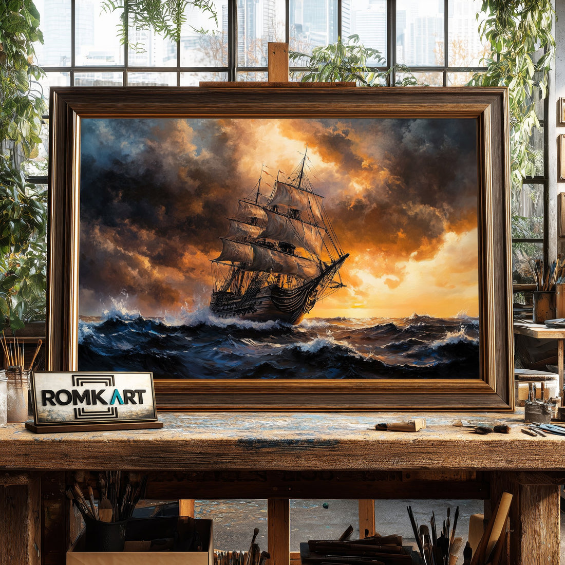Battles Ship in Stormy Sea Maritime Oil Painting
