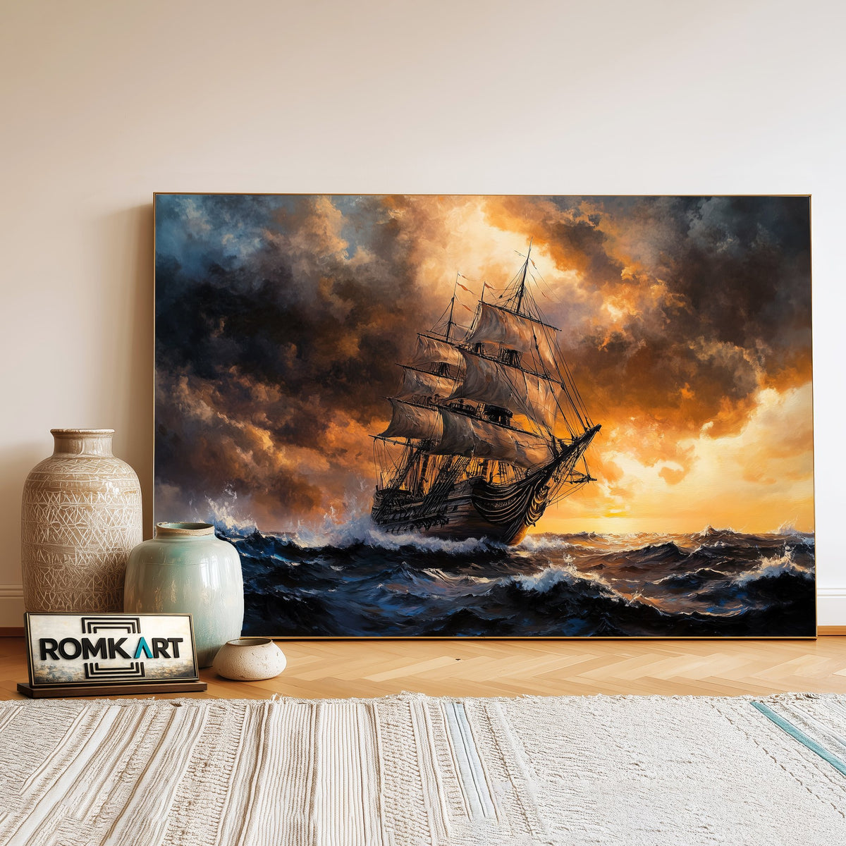 Battles Ship in Stormy Sea Maritime Oil Painting - image 3