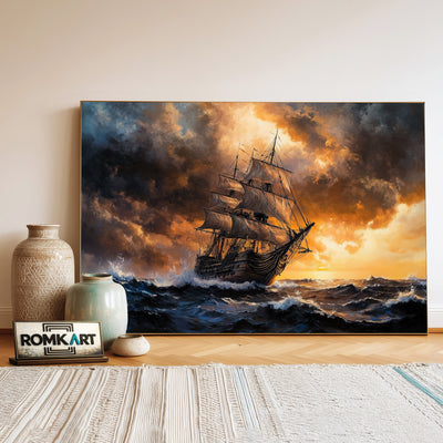 Battles Ship in Stormy Sea Maritime Oil Painting - image 3