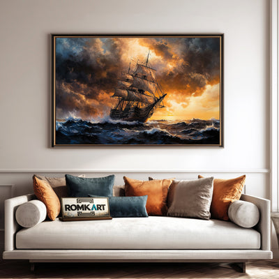 Battles Ship in Stormy Sea Maritime Oil Painting - image 4