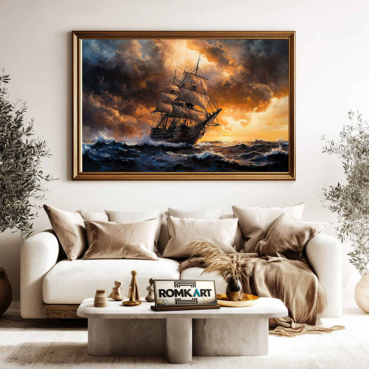 Battles Ship in Stormy Sea Maritime Oil Painting - image 5