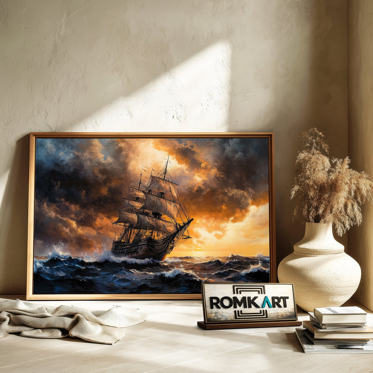 Battles Ship in Stormy Sea Maritime Oil Painting - image 6