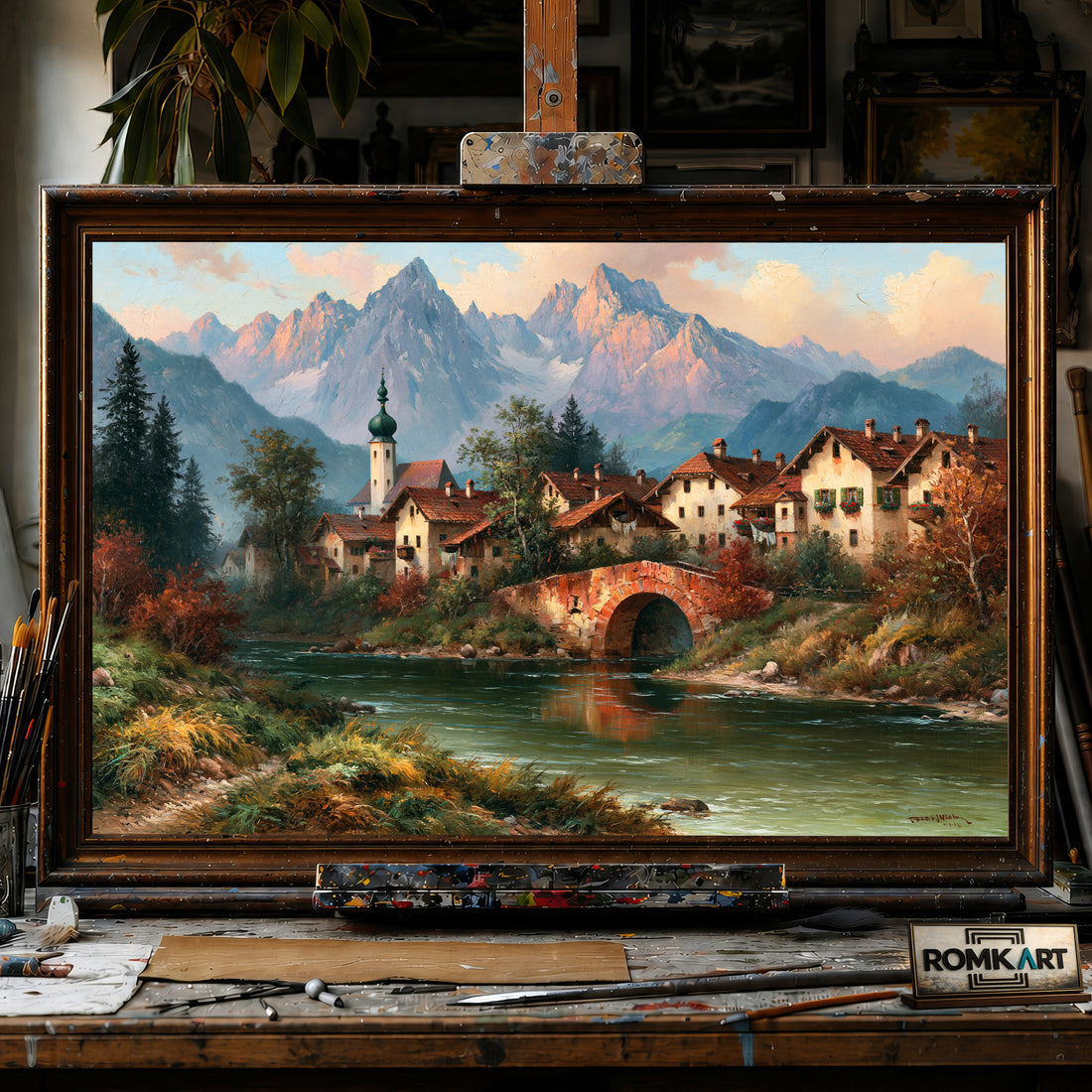 Bavarian Alpine Village hand-painted oil painting on canvas
