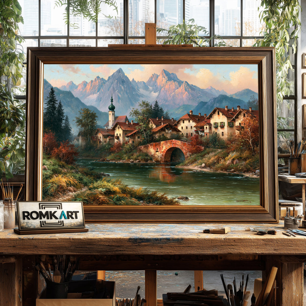 Bavarian Alpine Village Countryside Oil Painting - image 2
