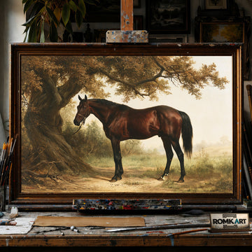 Bay horse and Large Tree - Hand-Painted Oil Painting - View 1