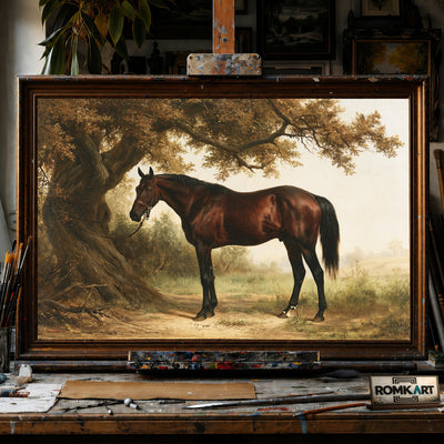 Bay horse and Large Tree - Hand-Painted Oil Painting - View 1