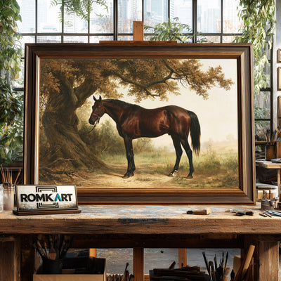 Bay Horse And Large Tree Oil Painting - image 2